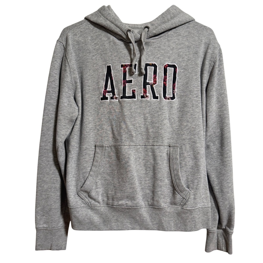 Aeropostale Womens Gray Floral AERO Graphic Pullover Hoodie Size M